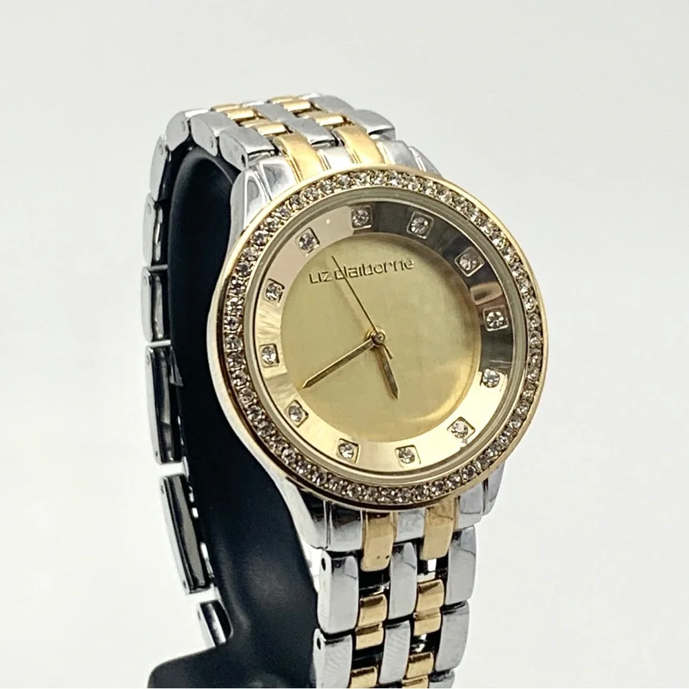 Liz Claiborne Two-Tone Crystal Bezel Watch 6.75" New Battery - Picture 1 of 14